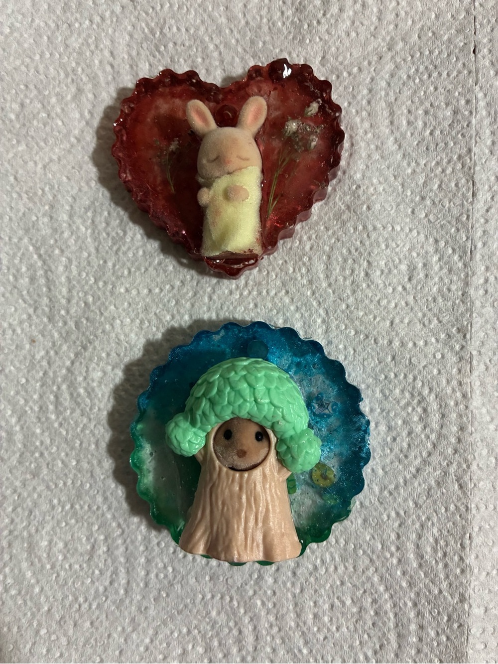 Handmade Mixed Media Resin Wall Ornaments with Pastel Bunny and Mushroom Figures